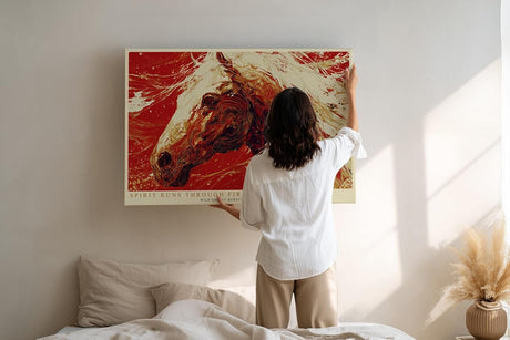 Paul Sinus Wandbild 120x80cm kraftvolles Pferd abstrakte Kunst rot weiss dynamische Bewegung modernes Kunstbild grosse Wanddekoration fuer Wohnzimmer Büro