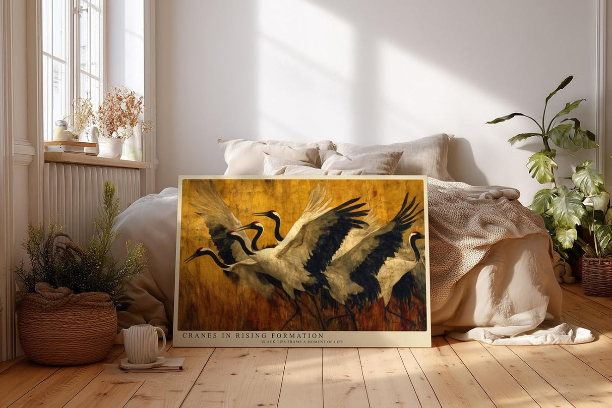Paul Sinus Wandbild 120x80cm Kraniche Flug Natur Kunstmotiv Elegante Voegel in Bewegung mit warmen Farben
