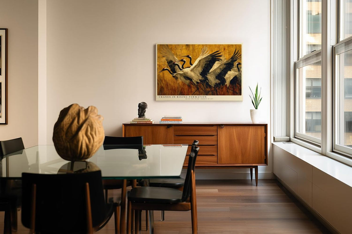 Paul Sinus Wandbild 120x80cm Kraniche Flug Natur Kunstmotiv Elegante Voegel in Bewegung mit warmen Farben