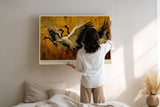 Paul Sinus Wandbild 120x80cm Kraniche Flug Natur Kunstmotiv Elegante Voegel in Bewegung mit warmen Farben