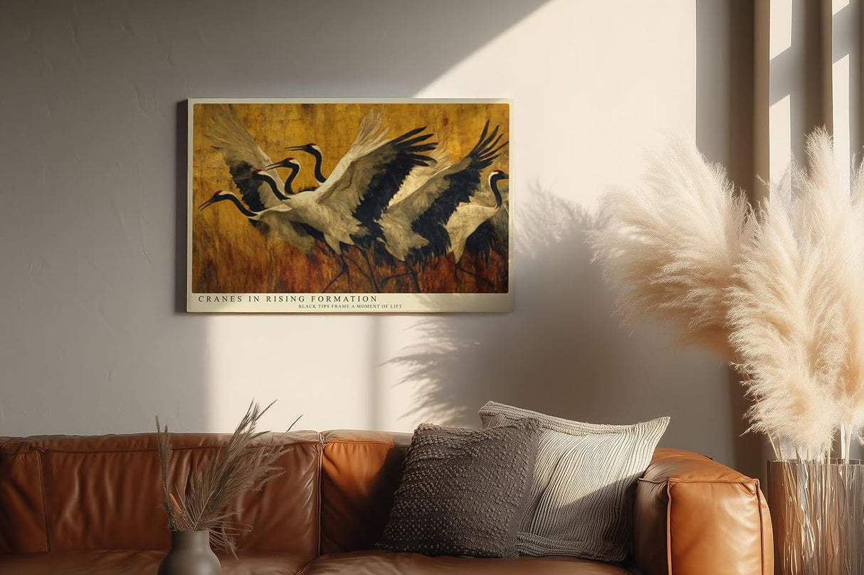 Paul Sinus Wandbild 120x80cm Kraniche Flug Natur Kunstmotiv Elegante Voegel in Bewegung mit warmen Farben