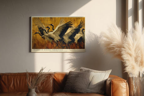 Paul Sinus Wandbild 120x80cm Kraniche Flug Natur Kunstmotiv Elegante Voegel in Bewegung mit warmen Farben