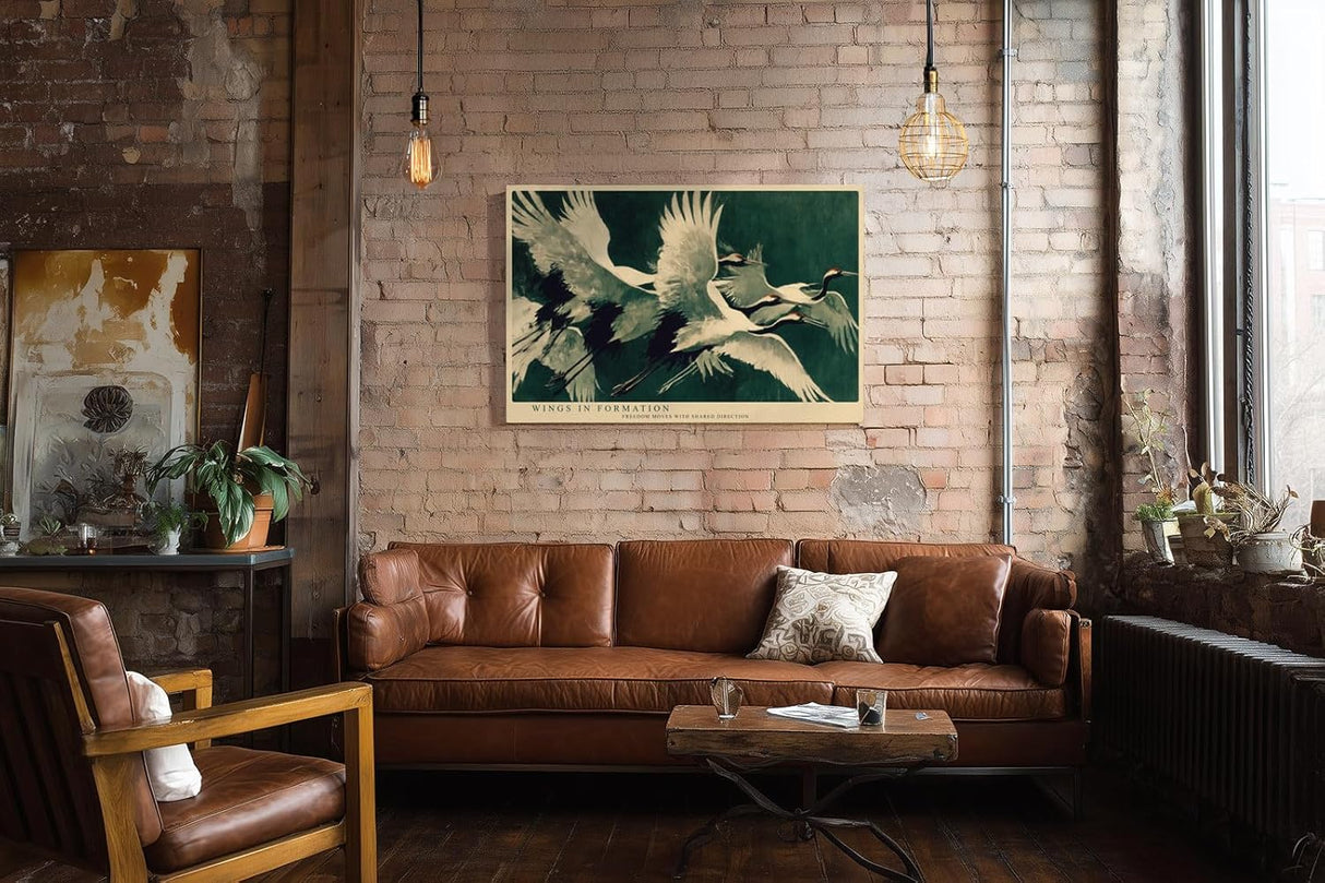 Paul Sinus Wandbild 120x80cm Kraniche im Flug asiatische Vogelkunst gruene Naturfarben elegante Tier Wanddekoration fuer Wohnzimmer Büro