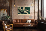Paul Sinus Wandbild 120x80cm Kraniche im Flug asiatische Vogelkunst gruene Naturfarben elegante Tier Wanddekoration fuer Wohnzimmer Büro