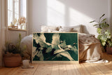 Paul Sinus Wandbild 120x80cm Kraniche im Flug asiatische Vogelkunst gruene Naturfarben elegante Tier Wanddekoration fuer Wohnzimmer Büro