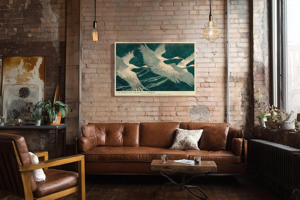 Paul Sinus Wandbild 120x80cm Kraniche Voegel modern blau weiss asiatische Kunst Kunstdruck grosses Kunstbild elegante Wanddekoration fuer Wohnzimmer Büro Flur