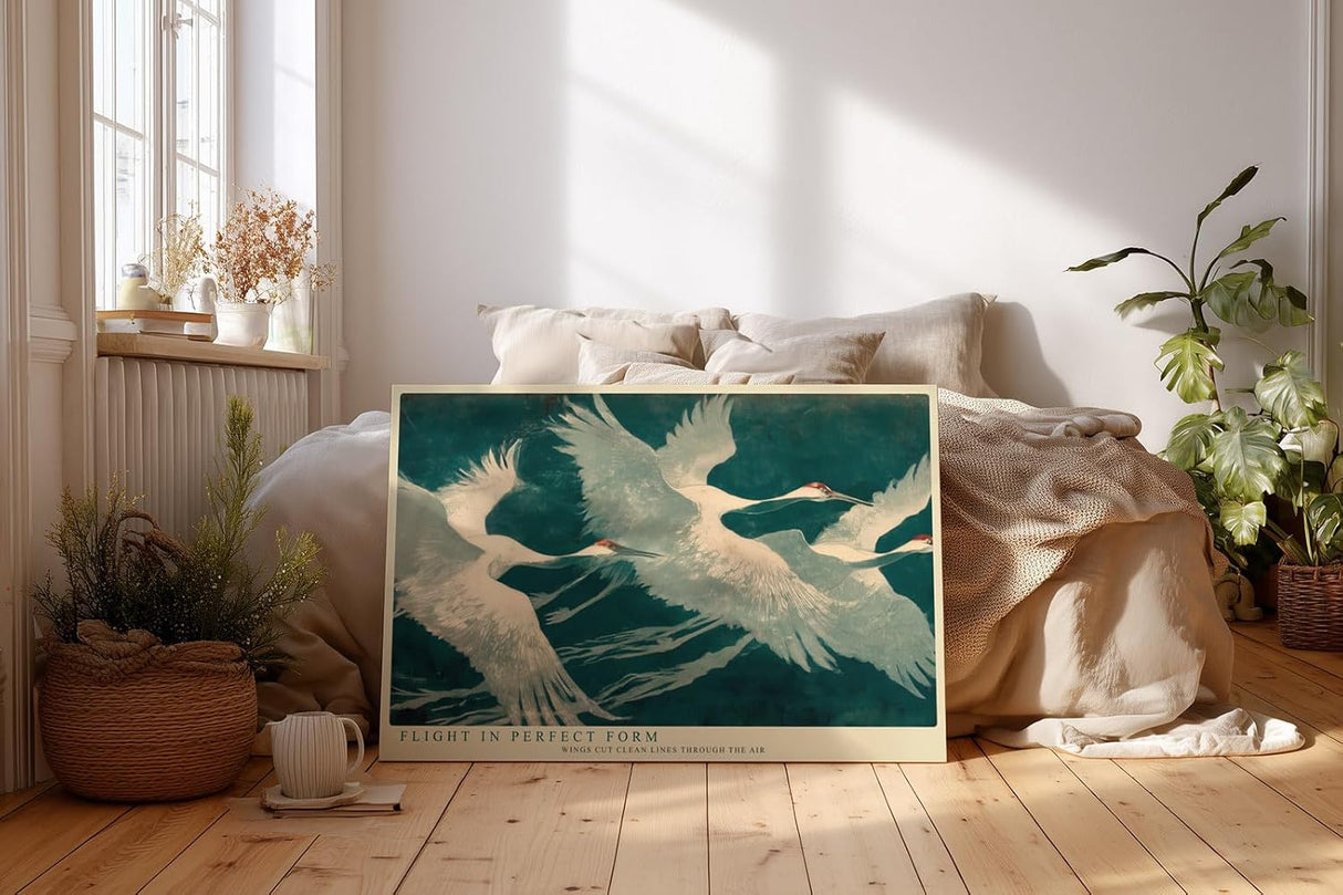 Paul Sinus Wandbild 120x80cm Kraniche Voegel modern blau weiss asiatische Kunst Kunstdruck grosses Kunstbild elegante Wanddekoration fuer Wohnzimmer Büro Flur