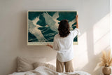 Paul Sinus Wandbild 120x80cm Kraniche Voegel modern blau weiss asiatische Kunst Kunstdruck grosses Kunstbild elegante Wanddekoration fuer Wohnzimmer Büro Flur