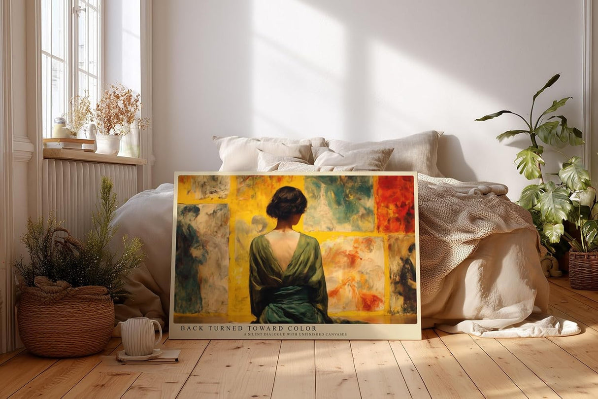 Paul Sinus Wandbild 120x80cm Kuenstlerin im Atelier Moderne Kunstszene Malerei Motiv mit Frau vor abstrakten Leinwaenden
