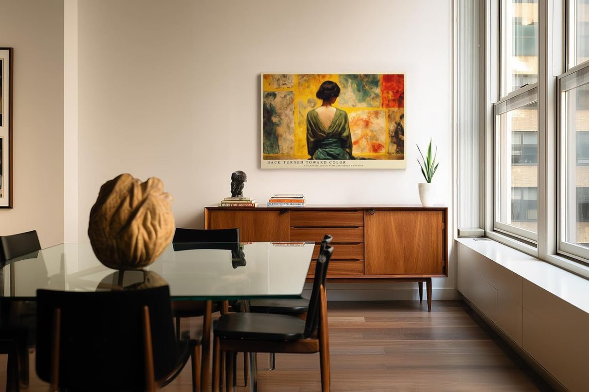 Paul Sinus Wandbild 120x80cm Kuenstlerin im Atelier Moderne Kunstszene Malerei Motiv mit Frau vor abstrakten Leinwaenden