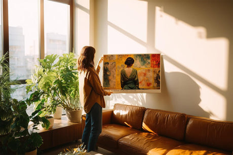 Paul Sinus Wandbild 120x80cm Kuenstlerin im Atelier Moderne Kunstszene Malerei Motiv mit Frau vor abstrakten Leinwaenden