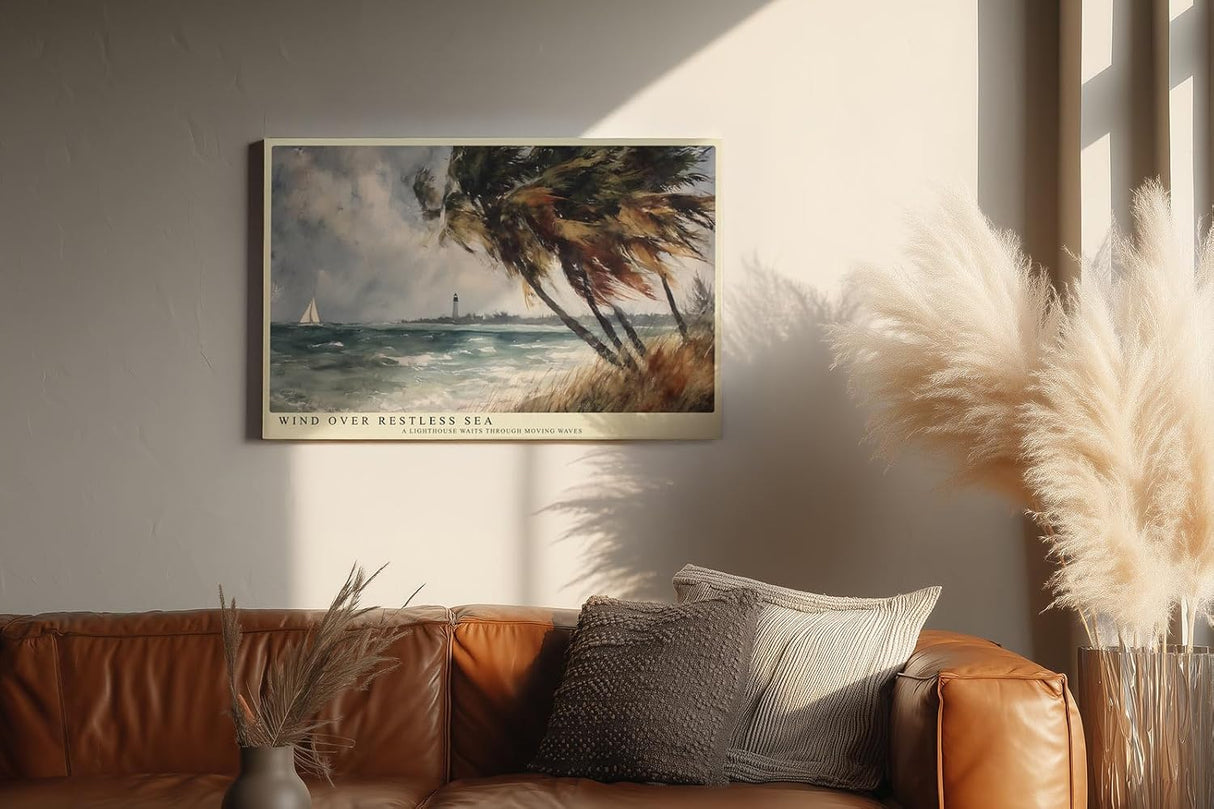 Paul Sinus Wandbild 120x80cm Kueste mit Leuchtturm und Segelboot Impressionistische Meereslandschaft fuer Wohnzimmer Schlafzimmer und Büro