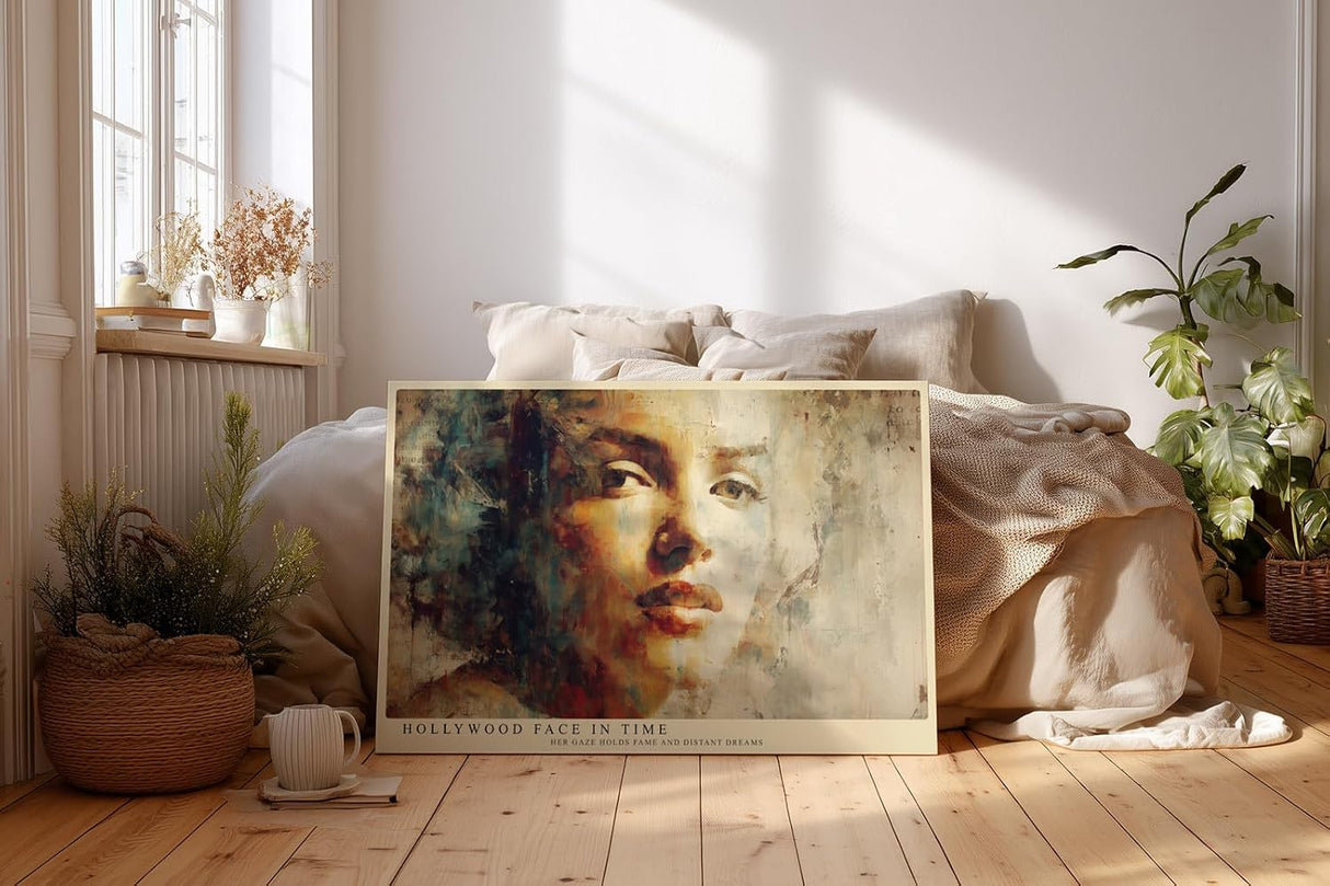 Paul Sinus Wandbild 120x80cm Künstlerisches Frauen Portrait Moderne Malerei in Beige Blau und Gold für Wohnzimmer Schlafzimmer Büro
