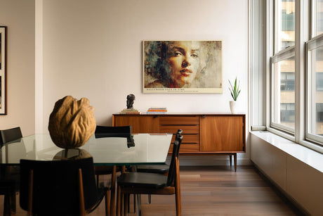 Paul Sinus Wandbild 120x80cm Künstlerisches Frauen Portrait Moderne Malerei in Beige Blau und Gold für Wohnzimmer Schlafzimmer Büro