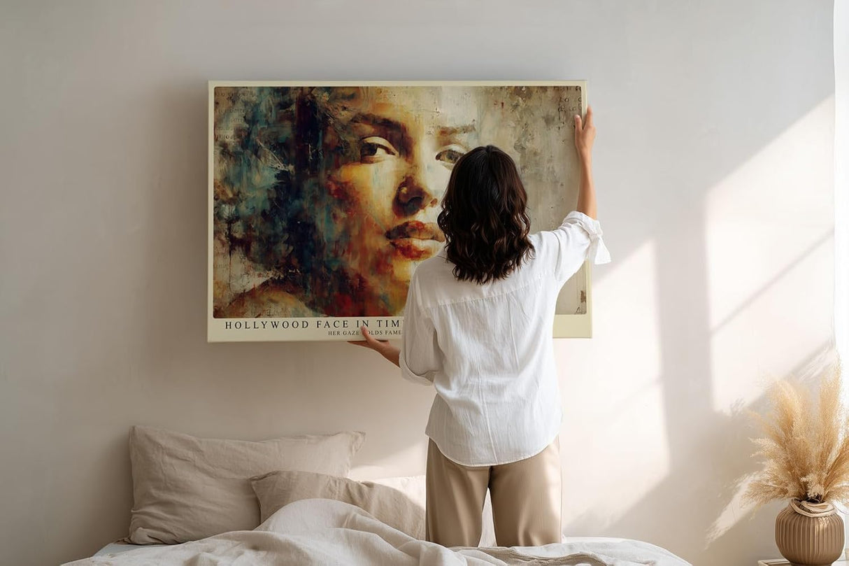 Paul Sinus Wandbild 120x80cm Künstlerisches Frauen Portrait Moderne Malerei in Beige Blau und Gold für Wohnzimmer Schlafzimmer Büro