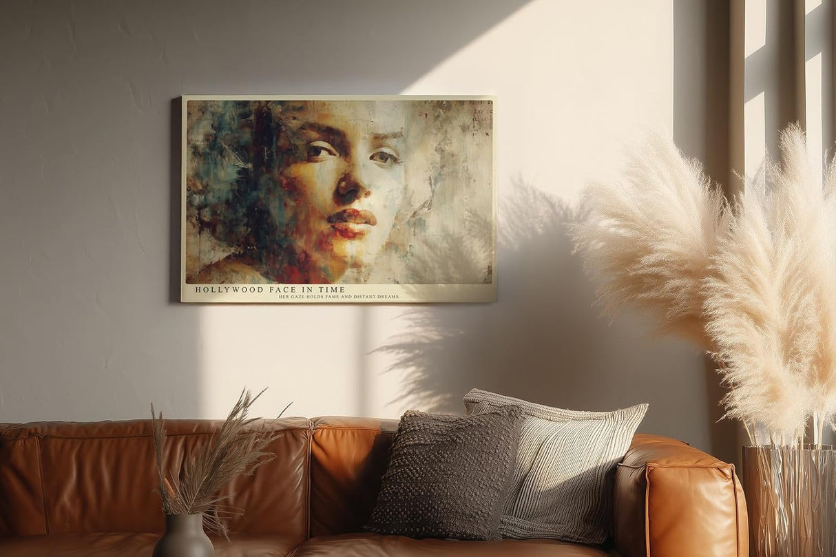 Paul Sinus Wandbild 120x80cm Künstlerisches Frauen Portrait Moderne Malerei in Beige Blau und Gold für Wohnzimmer Schlafzimmer Büro