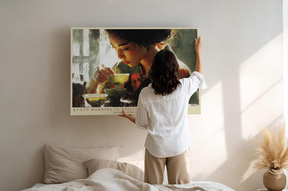 Paul Sinus Wandbild 120x80cm Kyoto Morning in Stillness Teezeremonie Portrait mit Teeschalen Kunst Poster für Wohnzimmer Küche