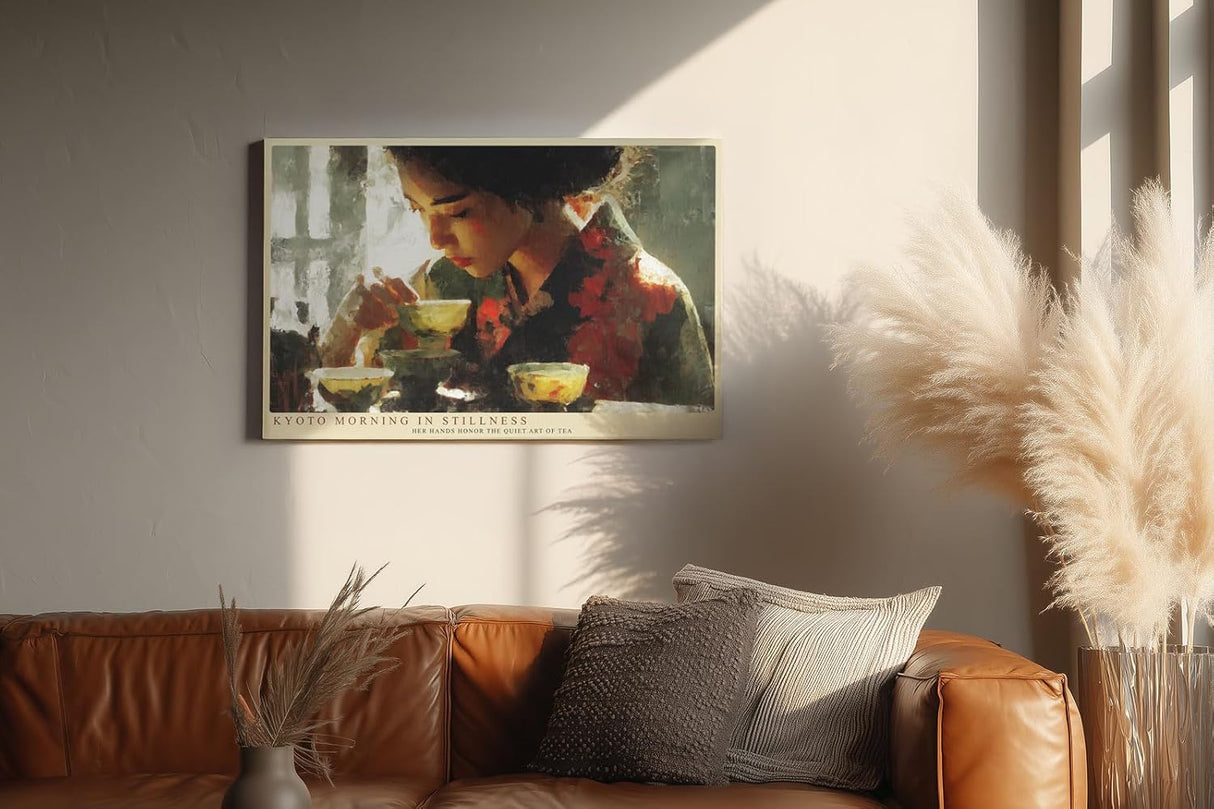 Paul Sinus Wandbild 120x80cm Kyoto Morning in Stillness Teezeremonie Portrait mit Teeschalen Kunst Poster für Wohnzimmer Küche