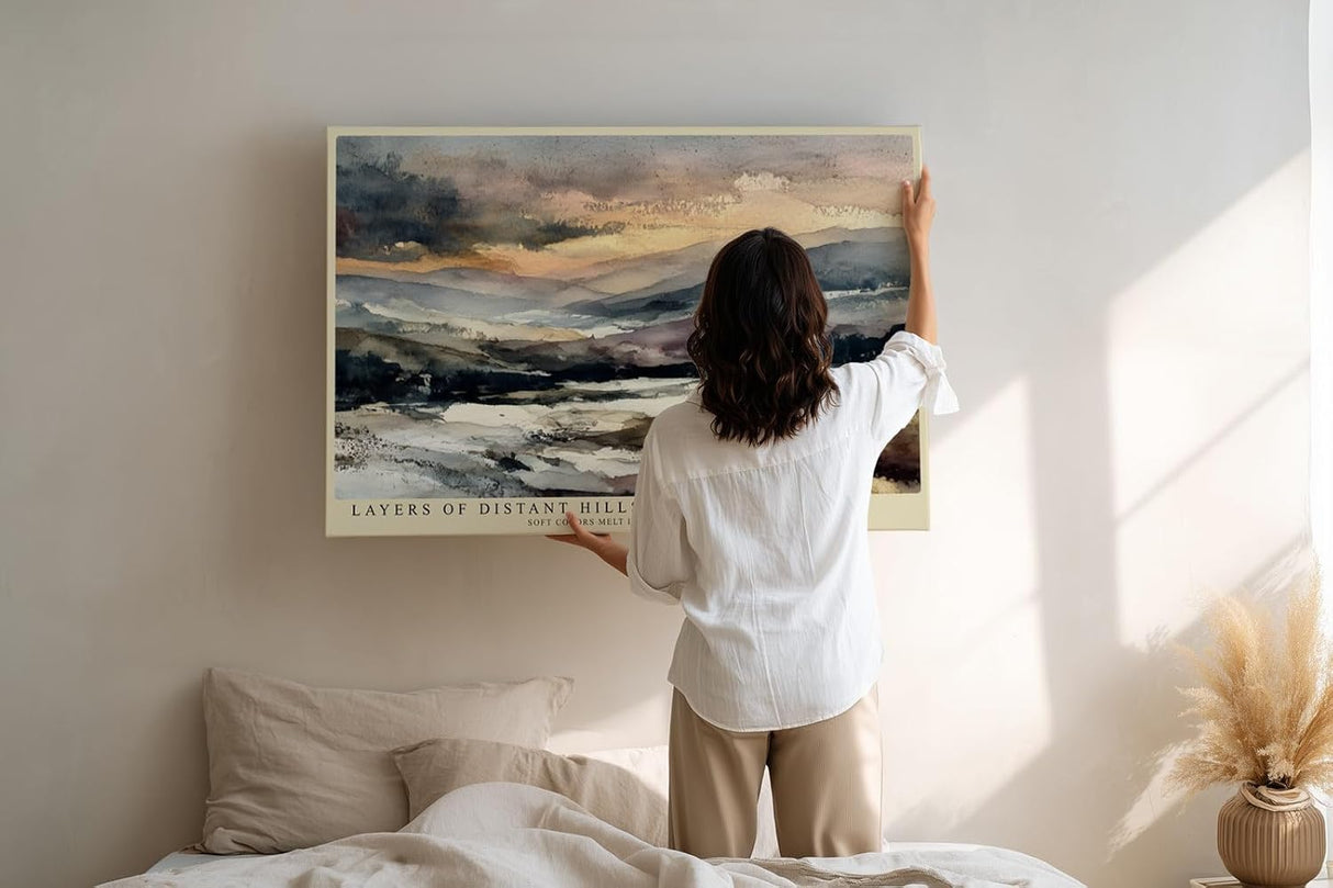 Paul Sinus Wandbild 120x80cm Landschaft Aquarell Berge modern beige blau Natur Kunstdruck grosses Kunstbild ruhige Wanddekoration fuer Wohnzimmer Büro Flur