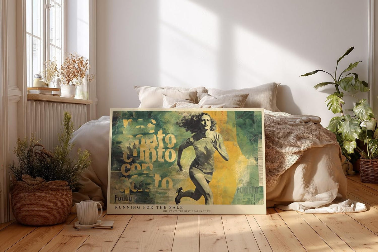 Paul Sinus Wandbild 120x80cm Laufende Frau Pop Art Collage Moderne Kunst in Gruen Gelb Wanddekoration