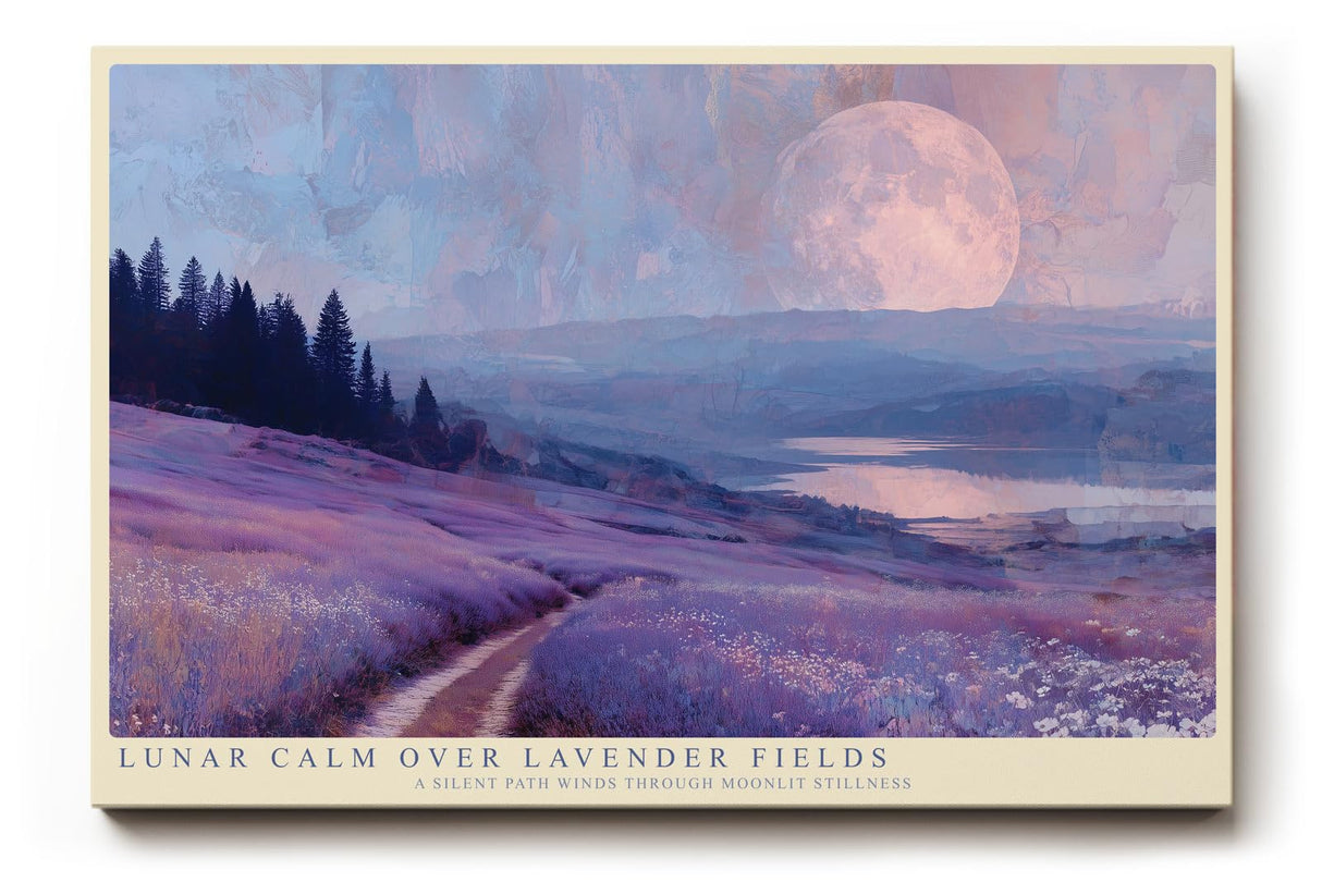 Paul Sinus Wandbild 120x80cm Lavendelfeld Mondlandschaft Ruhige Naturkunst in Lila und Blau Atmosphaerische Landschaft fuer Wohnzimmer Schlafzimmer und Büro