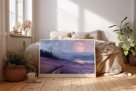 Paul Sinus Wandbild 120x80cm Lavendelfeld Mondlandschaft Ruhige Naturkunst in Lila und Blau Atmosphaerische Landschaft fuer Wohnzimmer Schlafzimmer und Büro