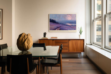 Paul Sinus Wandbild 120x80cm Lavendelfeld Mondlandschaft Ruhige Naturkunst in Lila und Blau Atmosphaerische Landschaft fuer Wohnzimmer Schlafzimmer und Büro