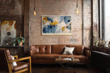 Paul Sinus Wandbild 120x80cm Layers of Light and Paint Abstrakte Struktur Kunst in Blau Gelb und Weiss Modernes Design Wandbild 120x80cm