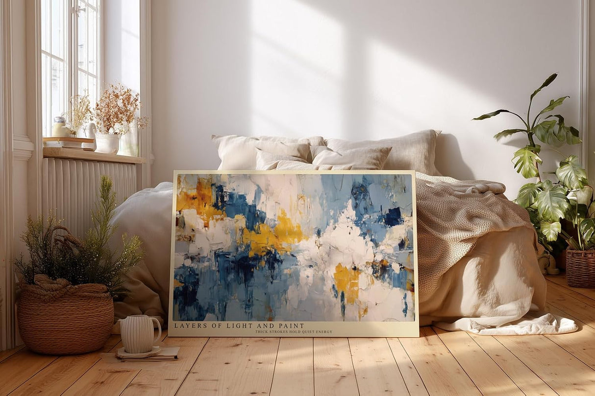 Paul Sinus Wandbild 120x80cm Layers of Light and Paint Abstrakte Struktur Kunst in Blau Gelb und Weiss Modernes Design Wandbild 120x80cm