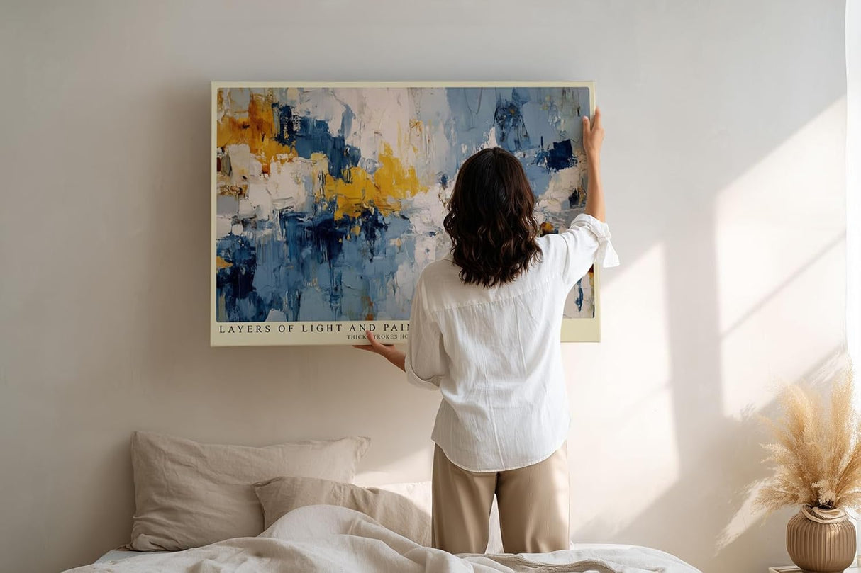 Paul Sinus Wandbild 120x80cm Layers of Light and Paint Abstrakte Struktur Kunst in Blau Gelb und Weiss Modernes Design Wandbild 120x80cm