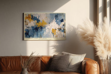 Paul Sinus Wandbild 120x80cm Layers of Light and Paint Abstrakte Struktur Kunst in Blau Gelb und Weiss Modernes Design Wandbild 120x80cm
