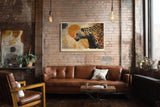 Paul Sinus Wandbild 120x80cm Leopard Afrika Tierkunst modern orange beige Kunstdruck grosses Wandbild 120x80cm exotische Wanddekoration fuer Wohnzimmer Büro