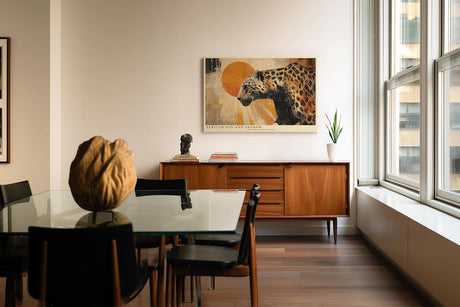 Paul Sinus Wandbild 120x80cm Leopard Afrika Tierkunst modern orange beige Kunstdruck grosses Wandbild 120x80cm exotische Wanddekoration fuer Wohnzimmer Büro