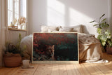 Paul Sinus Wandbild 120x80cm Leopard im Dschungel Wildlife Tierfotografie exotische Naturkunst dunkle Gruen und Rottoene stilvolle Wanddekoration fuer Wohnzimmer Büro