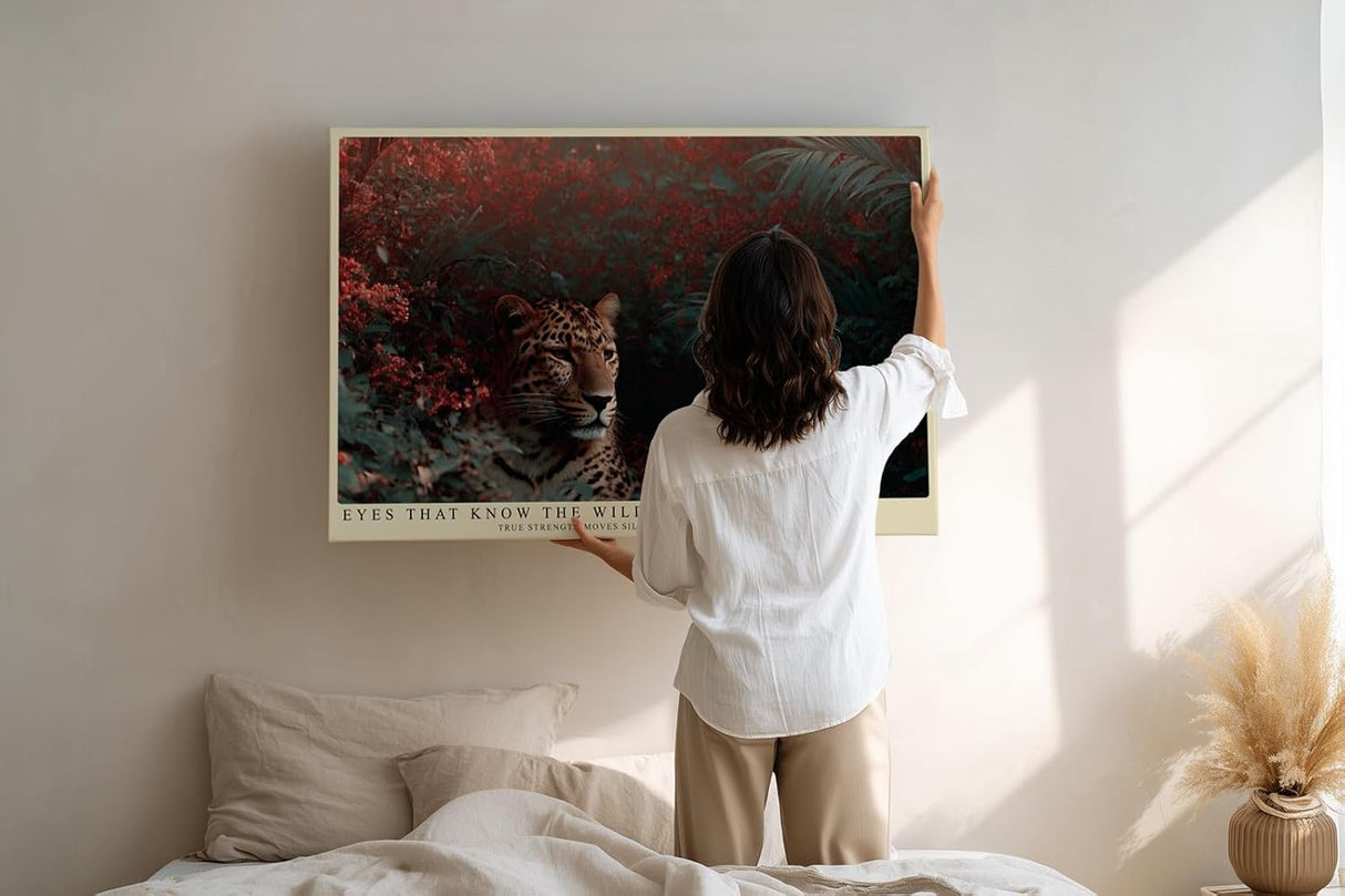 Paul Sinus Wandbild 120x80cm Leopard im Dschungel Wildlife Tierfotografie exotische Naturkunst dunkle Gruen und Rottoene stilvolle Wanddekoration fuer Wohnzimmer Büro