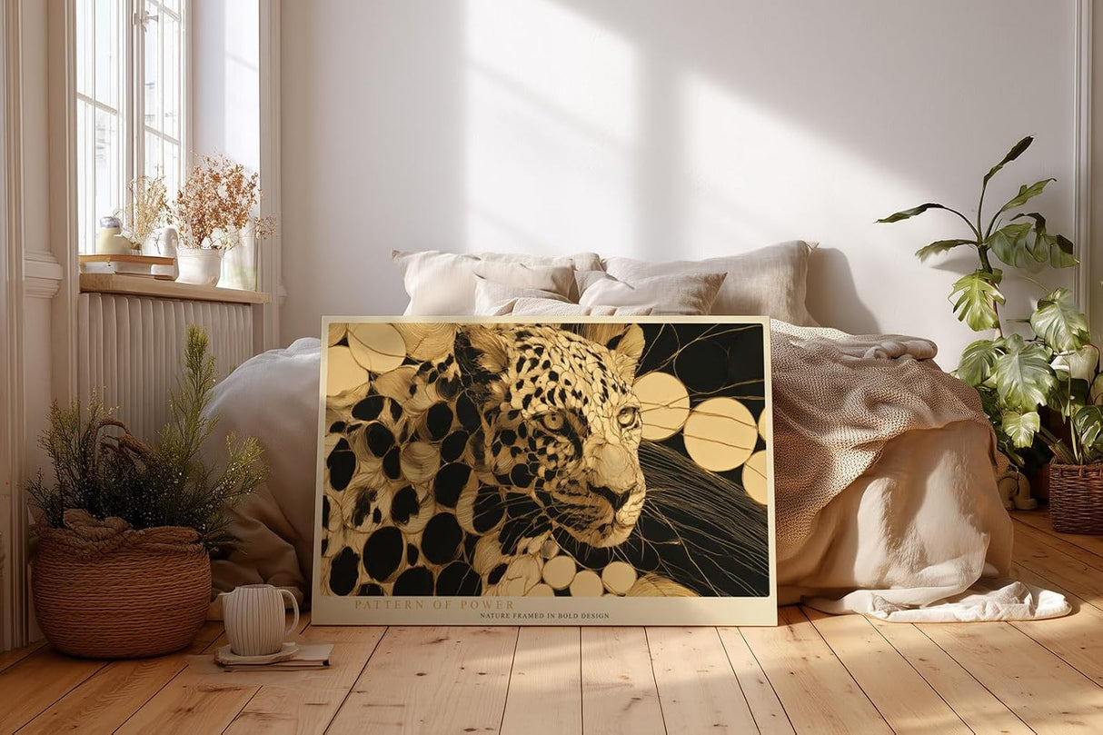 Paul Sinus Wandbild 120x80cm Leopard Portrait abstrakte Tierkunst schwarz gold moderne Wildtier Wanddekoration fuer Wohnzimmer Büro