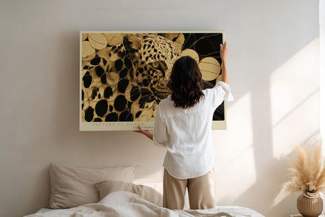 Paul Sinus Wandbild 120x80cm Leopard Portrait abstrakte Tierkunst schwarz gold moderne Wildtier Wanddekoration fuer Wohnzimmer Büro