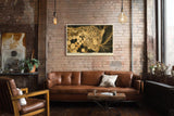 Paul Sinus Wandbild 120x80cm Leopard Portrait gold schwarz moderne Tierkunst Kunstdruck grosses Kunstbild elegante Wanddekoration fuer Wohnzimmer Büro Flur