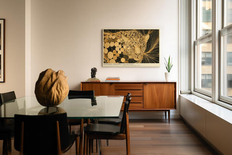 Paul Sinus Wandbild 120x80cm Leopard Portrait gold schwarz moderne Tierkunst Kunstdruck grosses Kunstbild elegante Wanddekoration fuer Wohnzimmer Büro Flur
