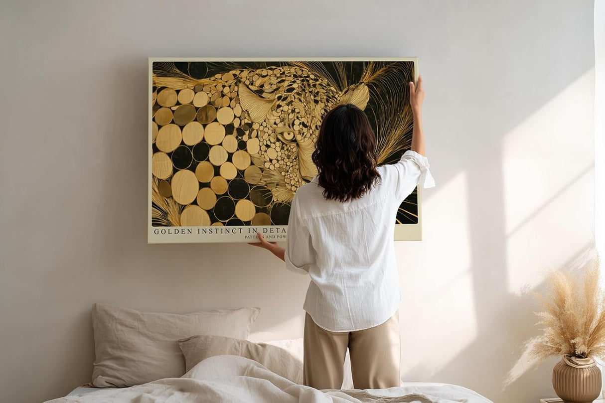 Paul Sinus Wandbild 120x80cm Leopard Portrait gold schwarz moderne Tierkunst Kunstdruck grosses Kunstbild elegante Wanddekoration fuer Wohnzimmer Büro Flur