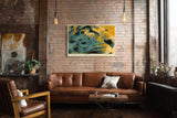 Paul Sinus Wandbild 120x80cm Leopard Portrait modern gelb blau Tierkunst Kunstdruck grosses Kunstbild kraftvolle Wanddekoration fuer Wohnzimmer Büro Flur