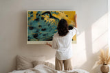 Paul Sinus Wandbild 120x80cm Leopard Portrait modern gelb blau Tierkunst Kunstdruck grosses Kunstbild kraftvolle Wanddekoration fuer Wohnzimmer Büro Flur