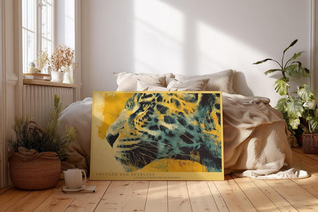 Paul Sinus Wandbild 120x80cm Leopard Portrait moderne Tierkunst gelb schwarz abstrakte Malerei wildes Tiermotiv stilvolle Wanddekoration fuer Wohnzimmer Büro