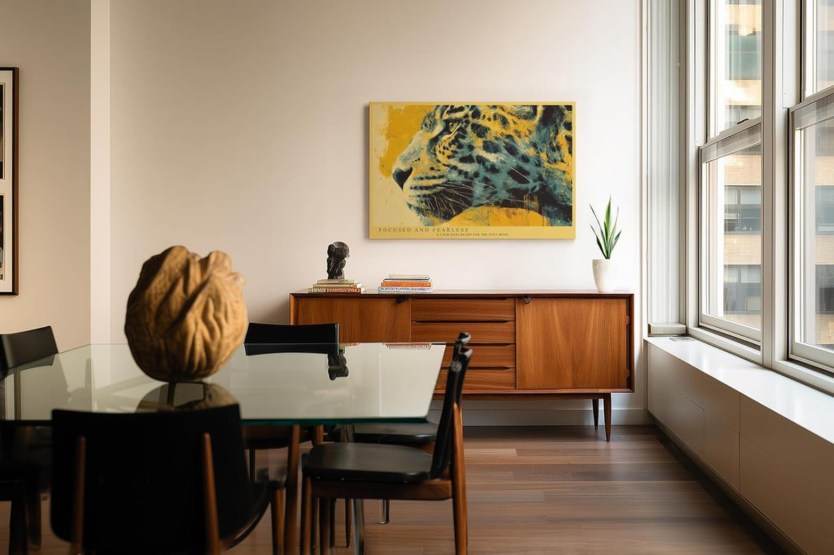 Paul Sinus Wandbild 120x80cm Leopard Portrait moderne Tierkunst gelb schwarz abstrakte Malerei wildes Tiermotiv stilvolle Wanddekoration fuer Wohnzimmer Büro