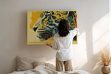 Paul Sinus Wandbild 120x80cm Leopard Portrait moderne Tierkunst gelb schwarz abstrakte Malerei wildes Tiermotiv stilvolle Wanddekoration fuer Wohnzimmer Büro