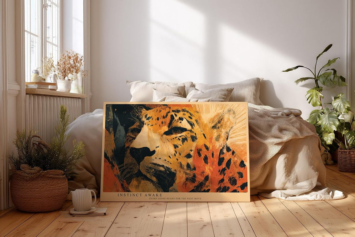 Paul Sinus Wandbild 120x80cm Leopard Portrait moderne Tierkunst orange schwarz abstrakte Wildtier Illustration Wanddekoration fuer Wohnzimmer Büro