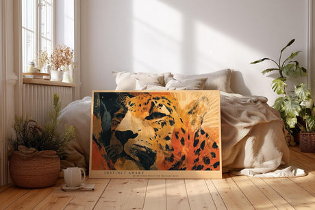 Paul Sinus Wandbild 120x80cm Leopard Portrait moderne Tierkunst orange schwarz abstrakte Wildtier Illustration Wanddekoration fuer Wohnzimmer Büro