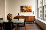 Paul Sinus Wandbild 120x80cm Leopard Portrait moderne Tierkunst orange schwarz abstrakte Wildtier Illustration Wanddekoration fuer Wohnzimmer Büro