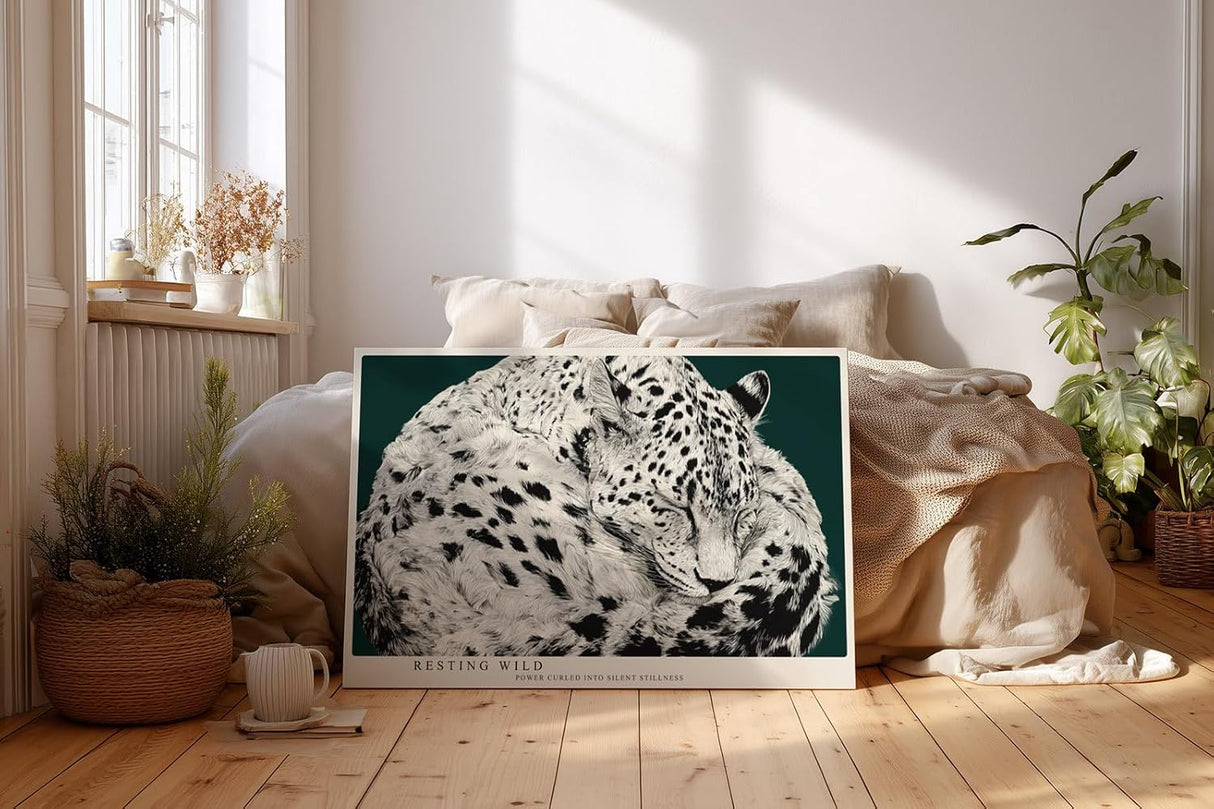 Paul Sinus Wandbild 120x80cm Leopard schlafend schwarz weiss moderne Tierillustration grosses Tier Kunstbild stilvolle Wanddekoration fuer Wohnzimmer Büro