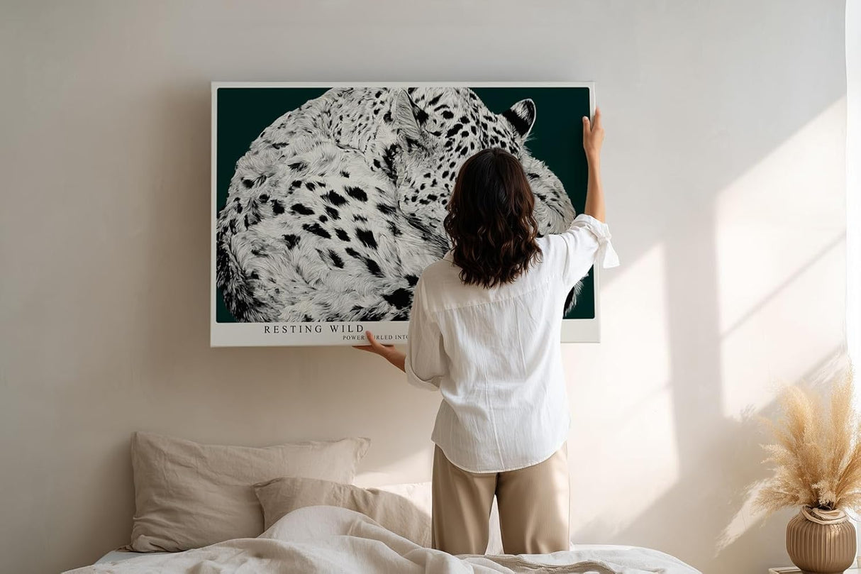 Paul Sinus Wandbild 120x80cm Leopard schlafend schwarz weiss moderne Tierillustration grosses Tier Kunstbild stilvolle Wanddekoration fuer Wohnzimmer Büro